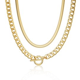 CHESKY Chunky Gold Necklace for Women, Trendy 14K Gold Plated Cuban Link Chain Thick Layered Herringbone Toggle Necklaces Non Tarnish Jewelry