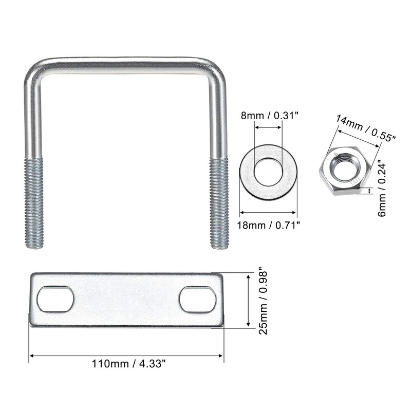 sourcing map Square U-Bolts 3-1/4"(82mm) Inner Width Carbon Steel M8