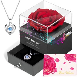Romantic Rose Gifts for Her - Forever Preserved Rose with Silver Heart Pendant Necklace for Wife Girlfriend Mom | You Are My Sunshine Music Box for Women - Perfect on Valentines, Birthday, Anniversary