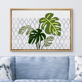 Ashbrook Framed Canvas Print Wall Art Jungle Monstera Leaves on Diamond Pattern Grid Nature Wilderness Digital Art Modern Rustic Colorful Multicolor for Living Room, Bedroom, Office - 24"x36" NATURAL