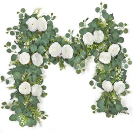 MEIVINES Artificial Flower Garland 2PCS 6.2FT Artificial Rose Garland Artificial Eucalyptus Flower Garland with White Roses Faux White Rose Floral Arch Long Artificial Flower Vines for Decorations