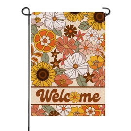 Artofy Welcome Spring Summer Groovy Flowers Small Decorative Garden Flag, Boho Colorful Hippie Vintage Floral Yard Lawn Outside Decor, Retro 60s 70s Outdoor Home Decoration Double Sided 12 x 18
