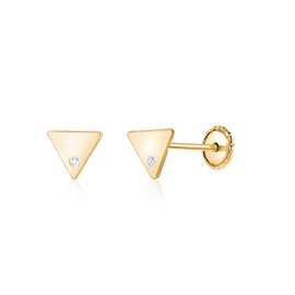 14k Yellow Gold Small Flat Triangle Earrings Stud Shiny Polished with Simulated Diamond Safety Screwback Covered Back Closure