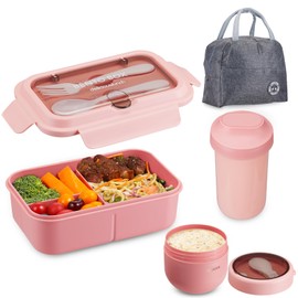 Osrioal Lunch Box Adults, Bento Box Set with Lunch Bag, Utensils, Water Cup, Oats Container, Leakproof Lunchbox for Students Men Women School Office Pink