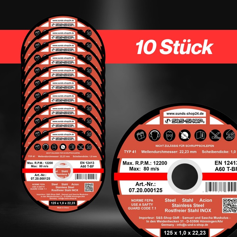 Pack of 10 Stainless Steel Cutting Discs Diameter 125 x