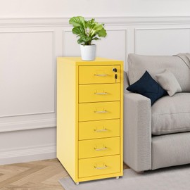 Mahugde 6 Drawer Office File Cabinet, Small Vertical File Cabinets for Home Office Metal File Storage Cabinet with Lock & Wheels for Home Office Living Room, 11 * 16 * 27in