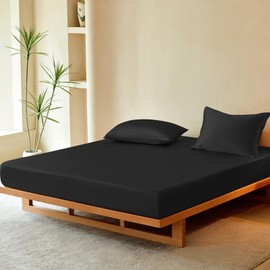 THXSILK Luxury Mulberry Silk Fitted Sheet Set 3 Pcs, King Silk Bed Sheet Set with 16" Deep Pockets, Soft & Cooling Sheets, 1 Fitted Sheet, 2 Pillowcases with Zipper Closure - Black