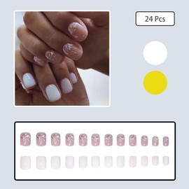 24 Pcs White Gold Leaf Press on Nails Short Square Glossy Fake Nails Acrylic False Nails with Leaves Designs Glitter Nails Press ons Full Cover Stick on Nails Spring Artificial Nails for Women