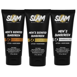 SLAM Men's Sunscreen Lotion SPF 50 & Moisturizer – Face & Body Sunblock, Anti-Aging, Water-Resistant, Hawaii Act 104 Safe, Skincare for Men, Scented & Unscented – 3 fl oz. each- Trio pack.