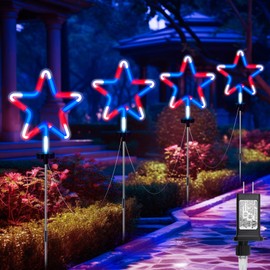 4th of July Decorations Outdoor Red White and Blue Lights, 4 Big Neon Star Pathway Lights Plug in for Independence Day Memorial Day Patriotic Decor Outside Garden Yard Lawn