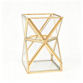 JIARI Glass Pen Holder Cup for Desk, Pencil Cup Holder, Gold Brass Frame Glass Pen Cup for Desk Office Pen Organizer 3.7 x 3.7 x 5.7 inche (Pencil Holder-D07B)