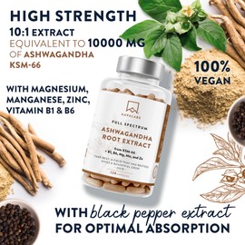 AAVALABS Ashwagandha KSM 66 -1000mg (Highly Concentrated 10:1 Extract Ratio Equivalent to 10,000mg per Serving)of which 5% Withanolides-with Vitamin B6, B1, Zinc, Magnesium & Manganese-120 Ashwagandha Capsules