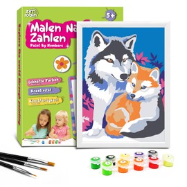 Zimrobin Paint by Numbers for Children - 13 x 18 cm Paint by Numbers Children from 5 6 7 Years Girls and Boys, Creative Gift with Frame, 3 Brushes and Acrylic Paints (Wolves and Foxes)