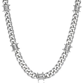 LuxGoth Stainless Steel Barbed Wire Thorns Chunky Collar Necklace Gothic Punk Rock Emo Biker Cosplay Vintage Heavy Brambles Charm Necklace Jewelry for Men Women Silver GTS-N1D60001