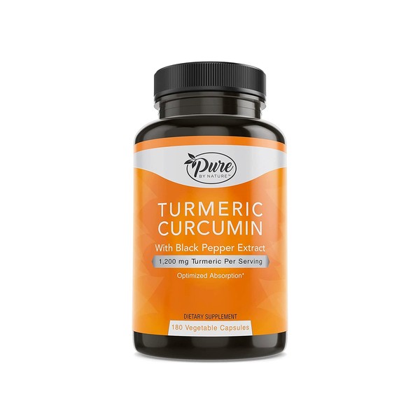 Pure By Nature Turmeric Curcumin with Black Pepper Extract 10 mg Capsules, 1200 mg per Serving, Organic, High Absorption Antioxidant Support (180 Count)