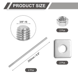 uxcell 3/8"-16 UNC Fully All Threaded Rod, 2 Pcs 304 Stainless Steel Long Threaded Screw 9.8" Length Right Hand Threads with Square Washers for Furniture Mounting Assembly Fastening