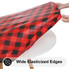 Smiry Round Picnic Table Cloth, Elastic Waterproof Fitted Vinyl Tablecloth for 57"-68" Tables, Flannel Backed Buffalo Plaid Table Covers for Dining, Camping, Outdoor, Black and Red