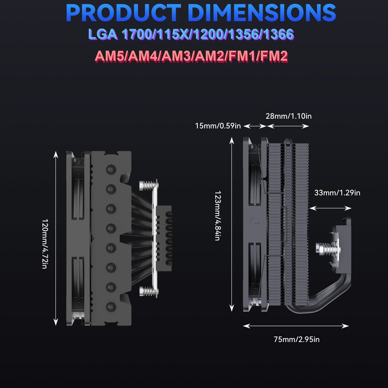 Low Profile CPU Cooler:75mm Height CPU Air Cooler 8 Heatpipes