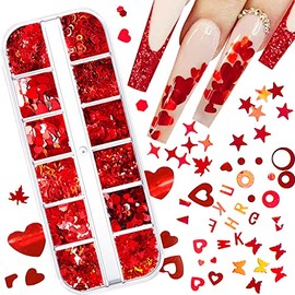 Heart Glitter Sequins for Valentine's Day 3D Holographic Nail Glitter Sparkles 12 Girds Red Hearts Stars Butterfly Letter Design Nail Art Decoration for Women Girls Manicure Tips False Nails Supplies