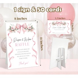 51 Pcs Diaper & Wipe Raffle Baby Shower Game, Coquette Pink Bow Sign with 50 Raffle Tickets, Flower Ribbon Bow Baby Shower Diaper Wipe Game, Fun Gender Reveal Newborn Announcement Party Supply, 13