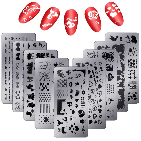 10 Pieces Valentine's Day Nail Stamping Plates Heart Lips Flower Nail Stamper Templates Nails Print Image Plate Stamp DIY Manicure Tools for Women Girls Home Salon