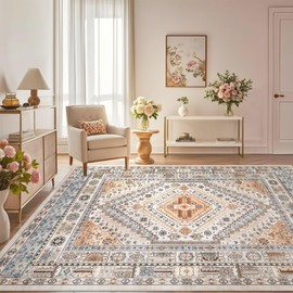 ZLONETYO Washable 10x14 Area Rugs for Living Room - Vintage Boho Bohemian Moroccan Floral Soft Large Rug Indoor Floor No Slip Thin Carpet for Bedroom Dining Table Aesthetic Decor - Light Orange