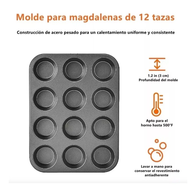3 Moldes Charola 12 Cupcakes Acero Anti-adherente Repostería