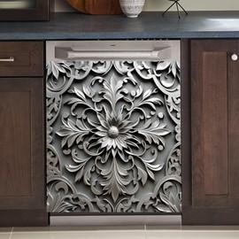 Silver Metal Texture Grey Carving Magnetic Dishwasher Decor,Carving Flower Dishwasher Sticker,Vintage Carve,Fridge Magnet Metal Carving Pattern Kitchen Decal 23x26 inch