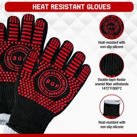 Red BBQ Gloves, 1472°F Heat resistant Gloves, 13.4-Inch Non-Slip Silicone, Moisture-Proof Kitchen Safety Gloves for Cooking, Baking, Grilling, Fireplace, and Outdoor (Red and Black)