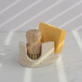 Natust 2-in-1 Travertine Sponge Holder for Kitchen Sink - Heavy Duty Natural Stone Sink Caddy, 2-Slot Scrubber Organizer for Scrub Daddy, Soap Tray with Anti-Slip Pads, Housewarming Gift, Beige