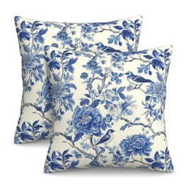 KiuLoam Chinoiserie Bule Floral Pillow Covers 18 x 18 Inch Set of 2 Flowers and Birds Outdoor Decorative Throw Pillow Cases Farmhouse Cushion Cases for Couch Bed Home Decor