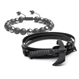Brazalete De Cuentas Obsidiana Y Pulsera Hombre Hacha,Pulsera para Hombre,Pulsera Hombre Cuero,Pulsera de Hombre,Pulsera Hacha,Pulsera Hombre de Cuero y Bolitas,2 Pzs