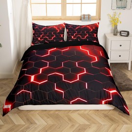 Homewish Bettwäsche für Kinder, 140 x 200 cm, Wabenmuster, Bettbezug für Einzelbett, geometrisch, sechseckig, modernes Bettwäsche-Set, mit 1 Kissenbezug 65 x 65 cm (rot/schwarz)