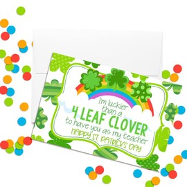 Amanda Creation I'm A Lucky Student Four Leaf Clover Themed Happy St. Patrick's Day Blank Folded Cards Single (1) St. Patrick's Day Greeting Card For Teacher, 4"x 6" (when folded)
