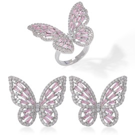 GELVTIC Women's Jewelry Sets Crystal Butterfly Earrings Necklaces for Women Cubic Zirconia White Gold Butterfly Necklace Ring Bangle Bracelet Birthday Anniversary Valentines Mother's Day Jewelry Gifts for Mom Bridesmaid Wife Sister Friend (EA95 Silver Pi