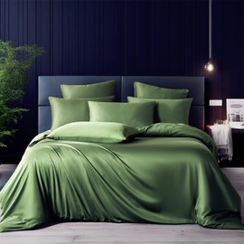 Boqingzhu Bamboo Bed Linen 200 x 200 cm Green Dark Green Plain Single Bed Luxury Lyocell Silk Bed Linen Set Duvet Cover with Zip and 2 Pillowcases 80 x 80 cm