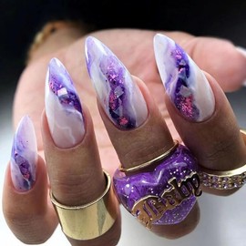 BABALAL Medium Press on Nails Almond Fake Nails, Purple Ombre Design, Stiletto Acrylic Nails with Glue 24Pcs Glossy Manicure Nails Supplies Diy False Nails for Women and Girls