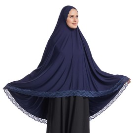Khimar Long Hijab Scarf For Women One Piece Lace Headscarf Muslim Ready To Wear Jersey Scarves Instant Undercap Non See Through Headwear Arabia Islamic Prayer Dress Shawls Body Cover Navy Blue M