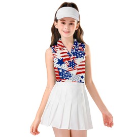 Soneven Girls Sleeveless Golf Polo Shirts V Neck Tennis Shirts Quick Dry Athletic Tank Tops July 4th American Flag Shirts