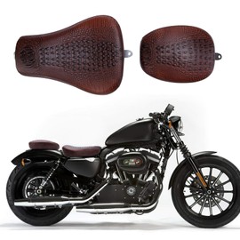 Motorcycle Brown Crocodile Front Driver Solo Seat+Rear Passenger Pillion Pad Compatible with Sportster 48 72 Iron 883 XL883 Forty Eight XL1200 Seventy Two 1200