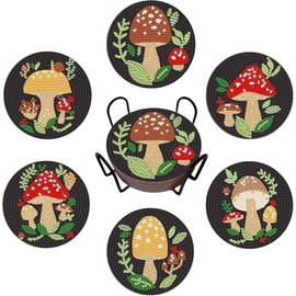 Pack of 6 Diamond Art Painting Coasters with Stand, DIY Craft Coasters, Mushroom Pattern, Round Coasters (10 cm)