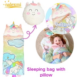 Nalexmi Sleeping Bag with Pillow, Nap Mats for Kids, Sleeping Bag for Kids, Slumber Bag, Animal Sleeping Bags, Unicorn with Pillow, Happy