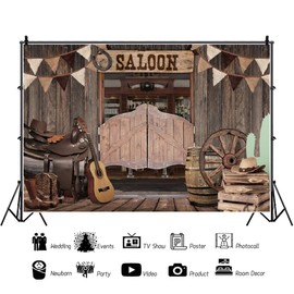 Xiaoterna 2.5 x 1.8 m Salon Background Vintage Western Cowboy Photography Background Rustic Wooden House Barn Door Flags Guitar Boots Hat Background Birthday Party Decorations