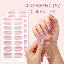 WOKOTO 2 Sheets Semi Cured Gel Nail Strips (Rainbow Gradient)-16 Pcs Per Sheet Gel Nail Stickers | Gel Nail Wraps | UV Light Required, Salon Quality, Real Nail Polish Strips Stick On Nails Kit