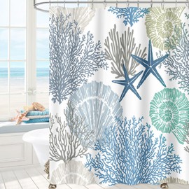 MAYZUS Extra Long Shower Curtain 72 x 96 Inch, Floor to Ceiling X-Long Tall Nautical Coastal Shower Curtain, Seashell Starfish Coral Beach Ocean Themed Shower Curtain for Bathroom Decor, Blue