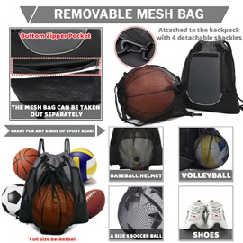 STAY GENT Drawstring Basketball Backpack for Kids Youths Adult, Foldable Sports Bag with Detachable Ball Mesh Bag for Gym Yoga Football Volleyball Baseball, Grey