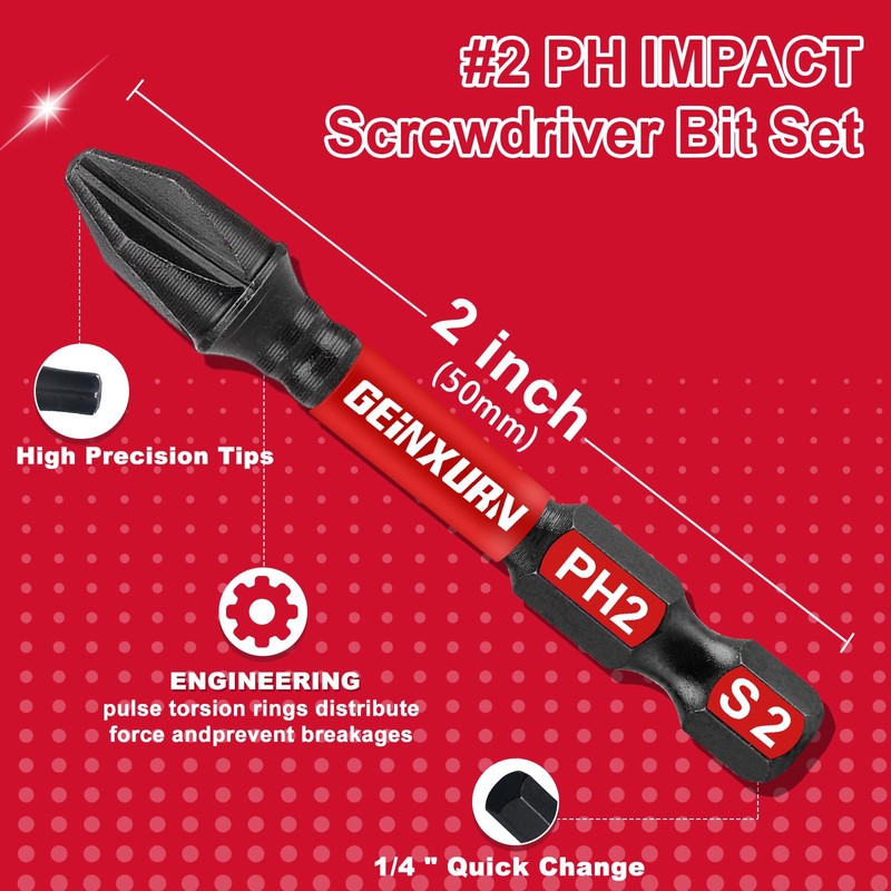 Geinxurn Impact Tough #2 Phillips 2 in. Insert Driver Bits,50Pack
