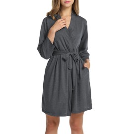 HOTOUCH Women's Robe Knee Length Lightweight Pure Color Sleepwear 3/4 Sleeve Knit Plus Size Robe with Pockets Gray XXL