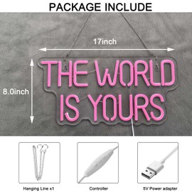 17" by 8" inch LED Neon Pink The World is Yours Dimmable Light Switch Wall Sign for Cool Light, Wall Art, Bedroom Decorations, Home Accessories, Party, and Holiday Decor