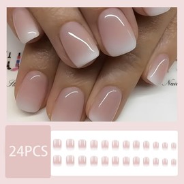 French Tip Press on Nails Short Square Fake Nails Pink White Gradient False Nails with Design Glossy Acrylic Artificial Nails Full Cover Stick on Nails for Women Girls DIY Manicure 24Pcs